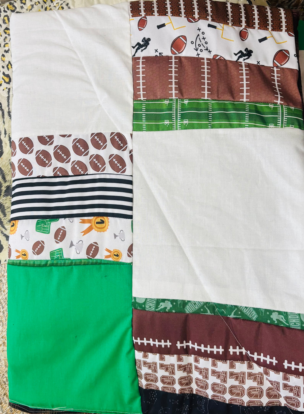 Football Patchwork Quilt 40x40 | Handmade Quilt with Flannel Backing | Lined Sports Theme Throw Blanket | Football Baby Quilt Gift