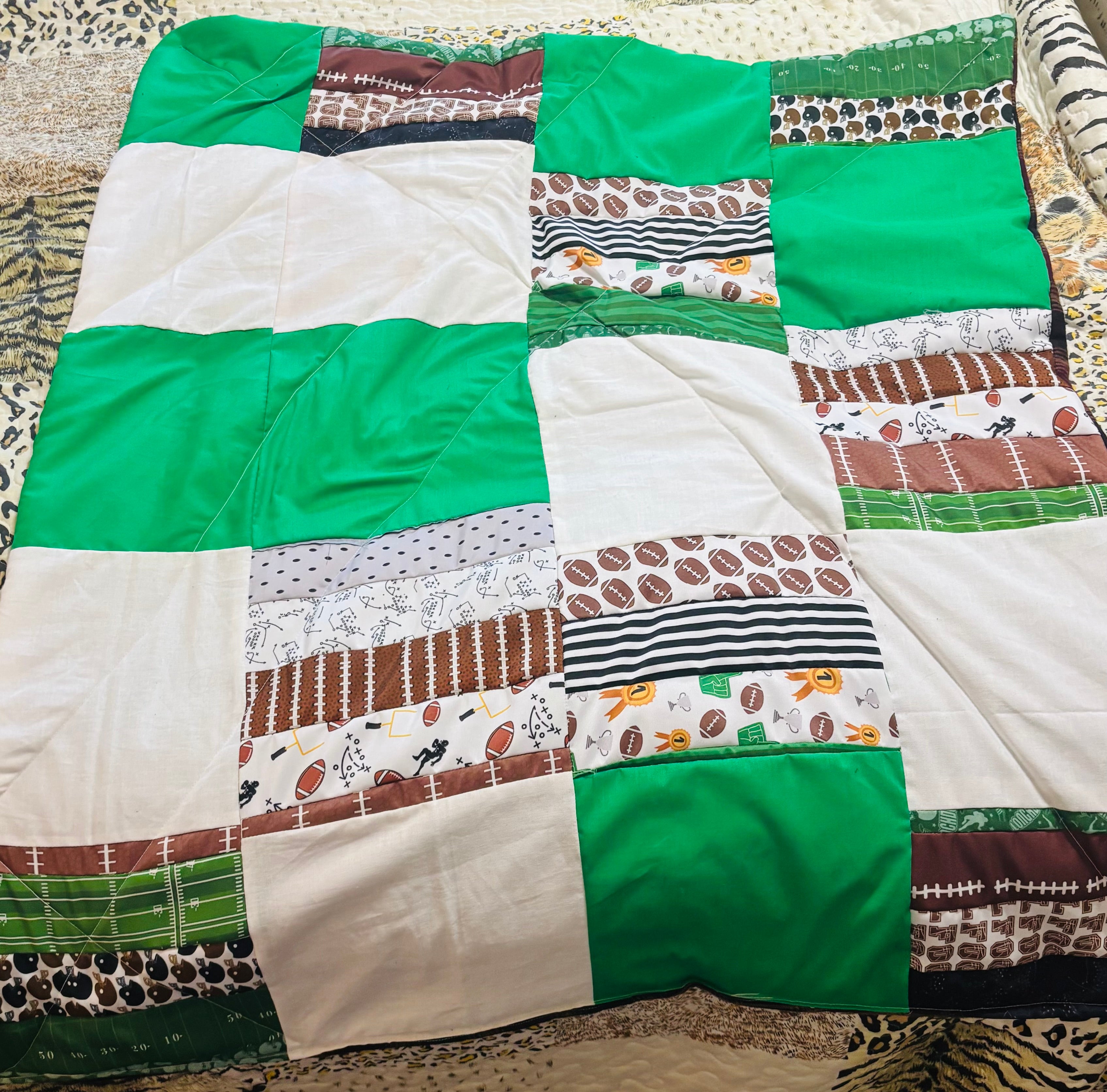 Football Patchwork Quilt 40x40 | Handmade Quilt with Flannel Backing | Lined Sports Theme Throw Blanket | Football Baby Quilt Gift
