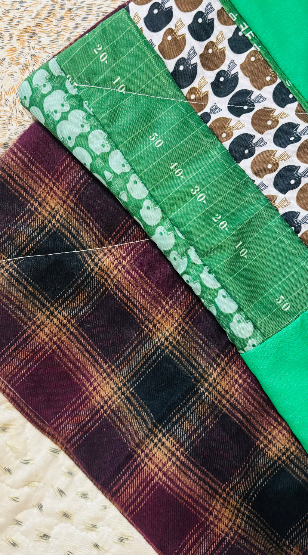 Football Patchwork Quilt 40x40 | Handmade Quilt with Flannel Backing | Lined Sports Theme Throw Blanket | Football Baby Quilt Gift