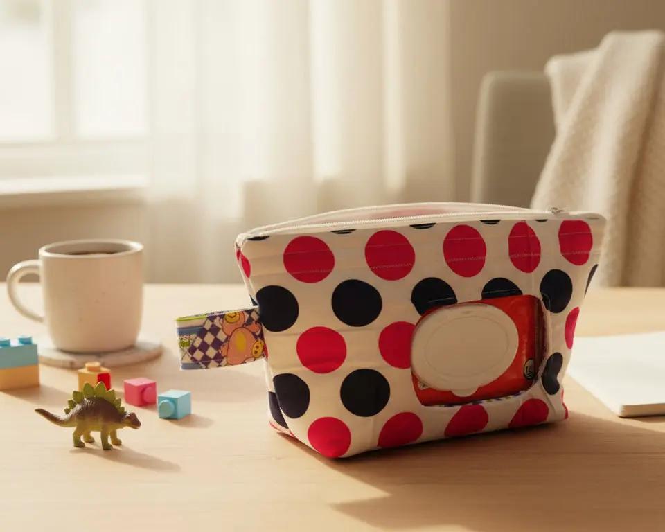 Clutch to hold two diapers, and standard pack of wipes with easy access, featuring strap