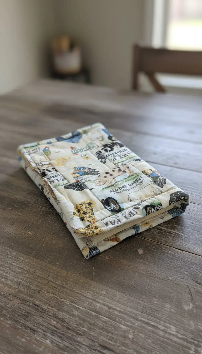 Farm theme quilted handmade bible cover, patchwork design with brown sash sewn in for bookmark