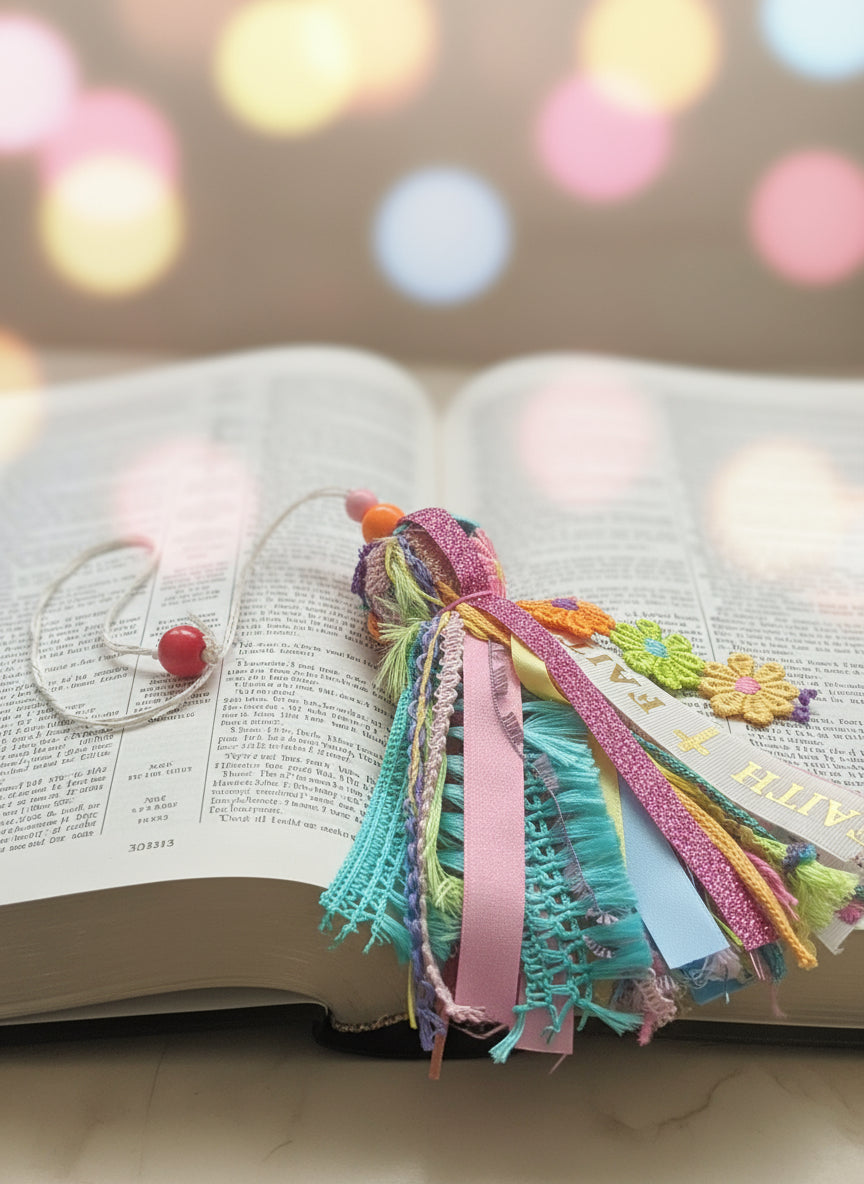 Colorful bookmark tasselwith ribbons and flowers on open bible