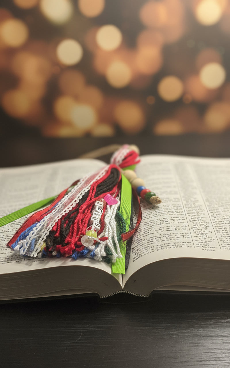 Decorative tassel with colorful ribbons and beads on a dark surface