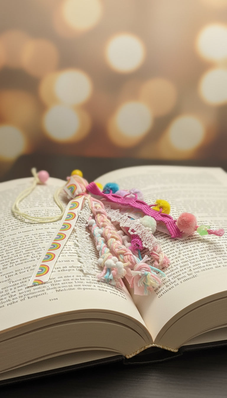 Colorful braided yarn bookmark with decorative elements on a dark surface