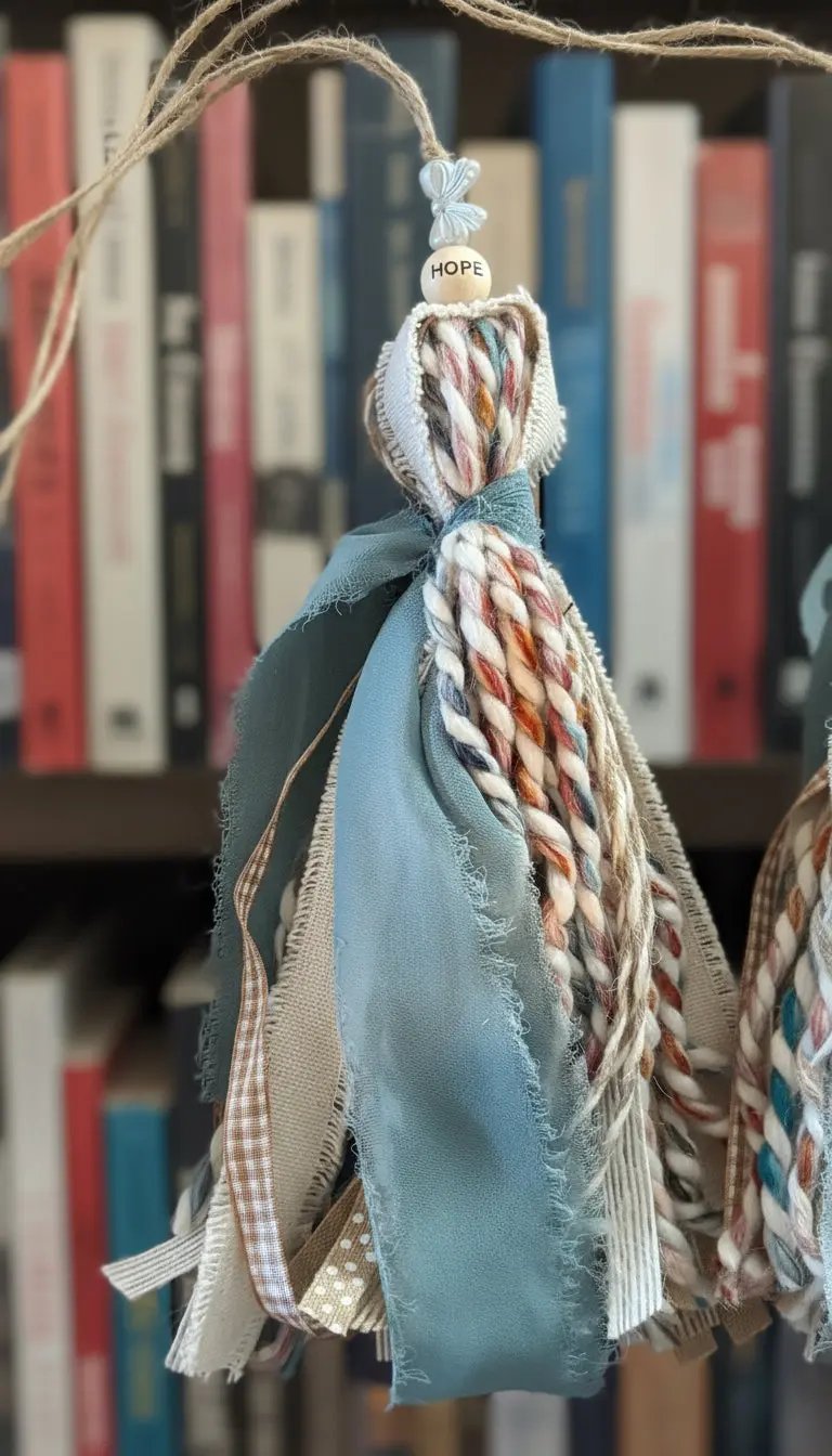 Decorative tassel with braided design hanging against a wooden background