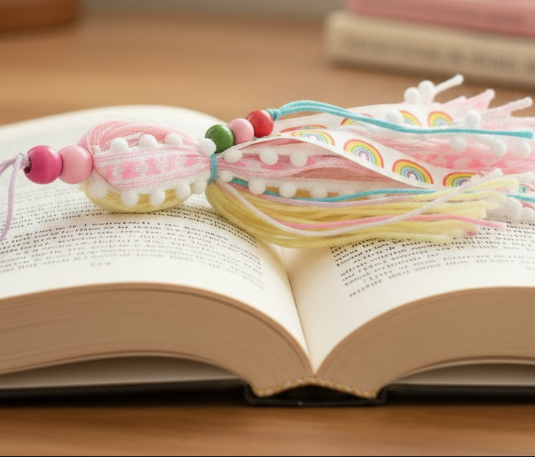 Decorative tassel with beads and colorful accents on a dark surface