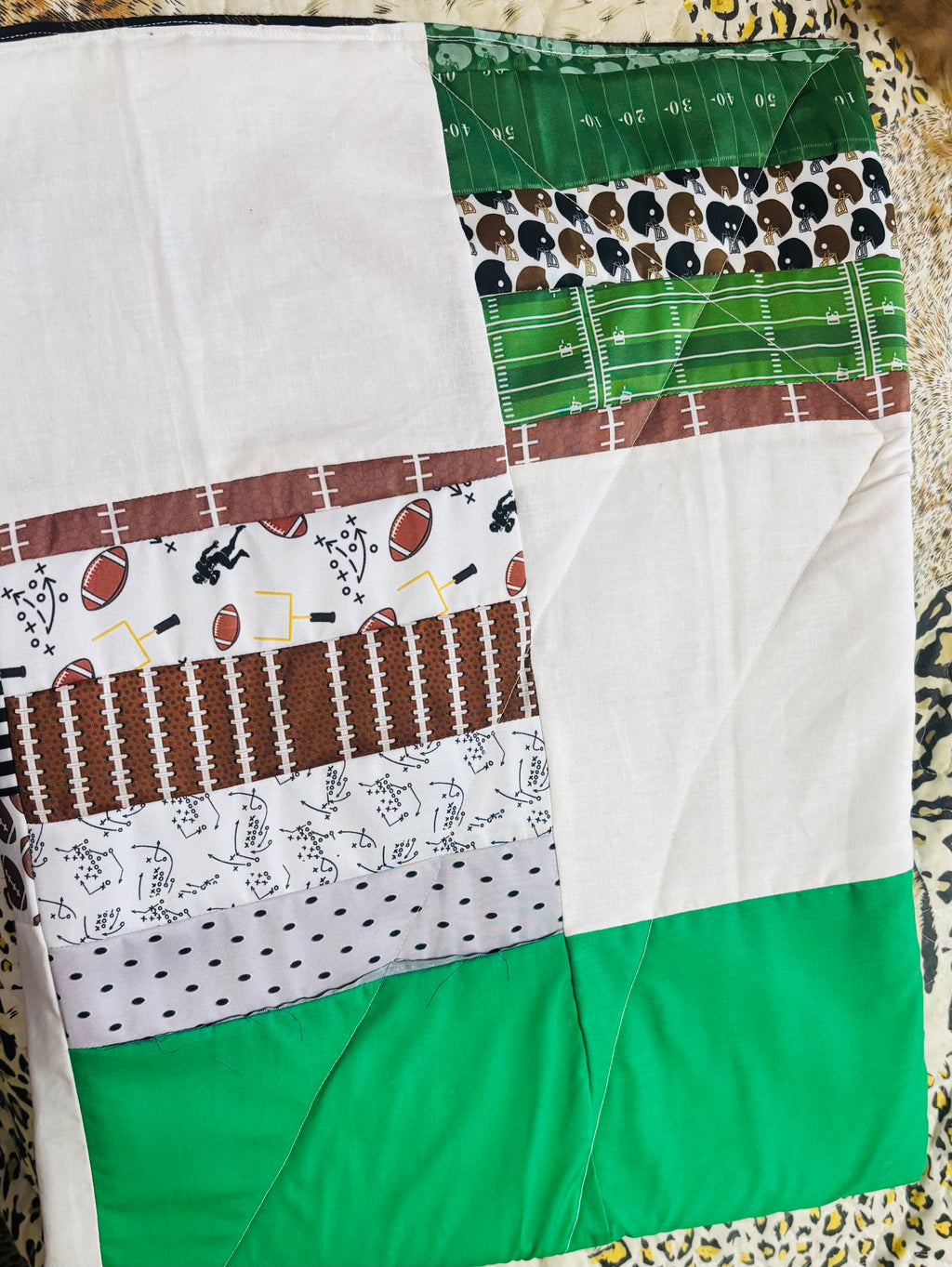 Football Patchwork Quilt 40x40 | Handmade Quilt with Flannel Backing | Lined Sports Theme Throw Blanket | Football Baby Quilt Gift