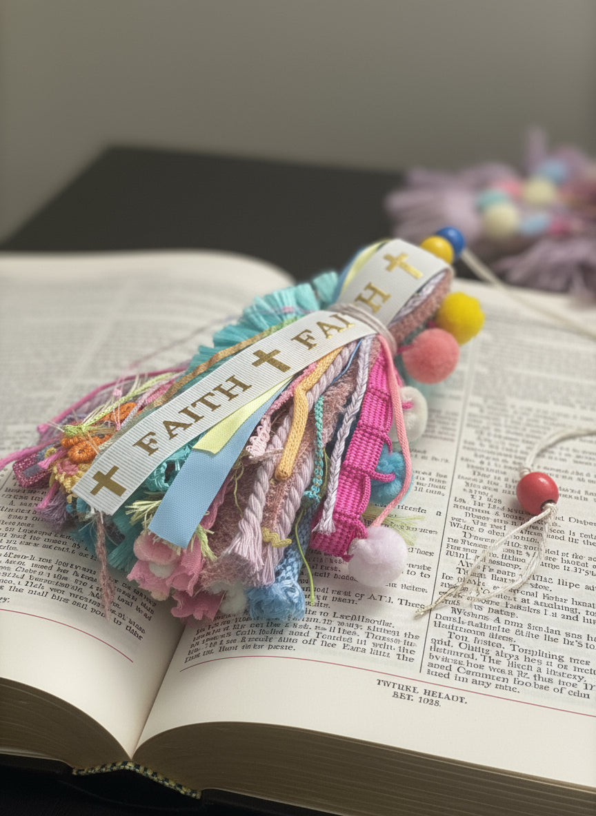 Decorative item with colorful ribbons, beads, and a 'Faith' ribbon on a dark surface.