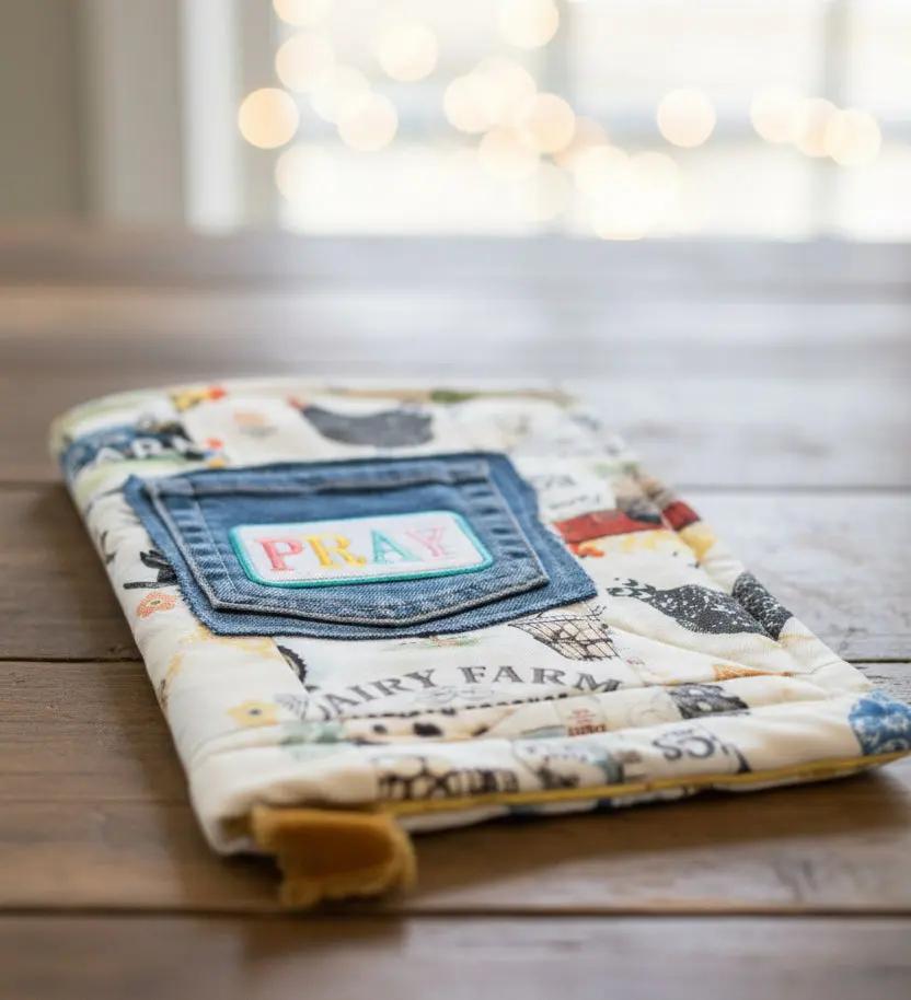 quilted bible cover, with blue jean pocket, featuring pray patch, farm theme, handmade