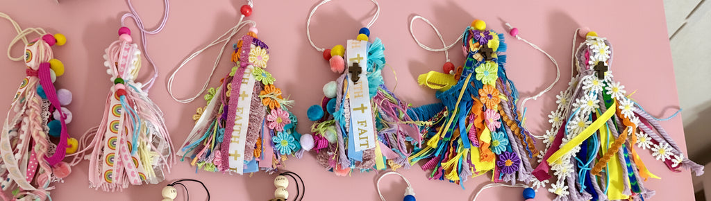 Colorful decorative items on a wooden surface