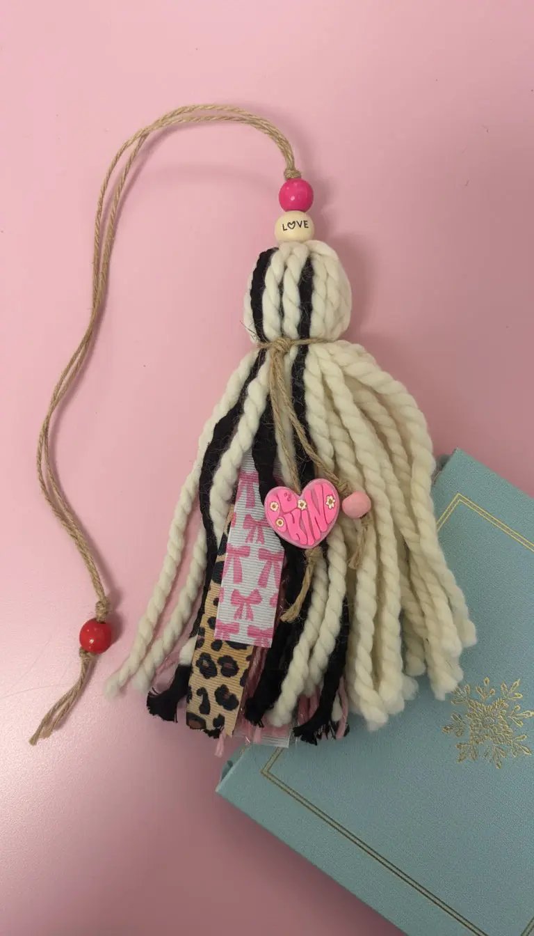 Tassel with decorative elements on a pink surface