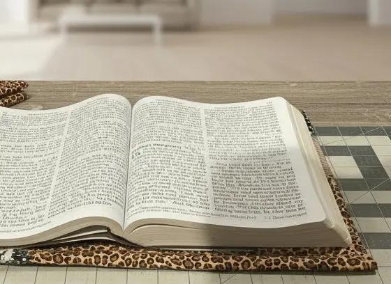 Open book with leopard print fabric on a wooden surface