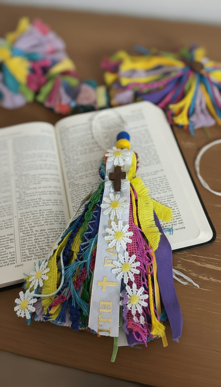 Colorful bookmark with ribbons, flowers, and a cross on a wooden surface.