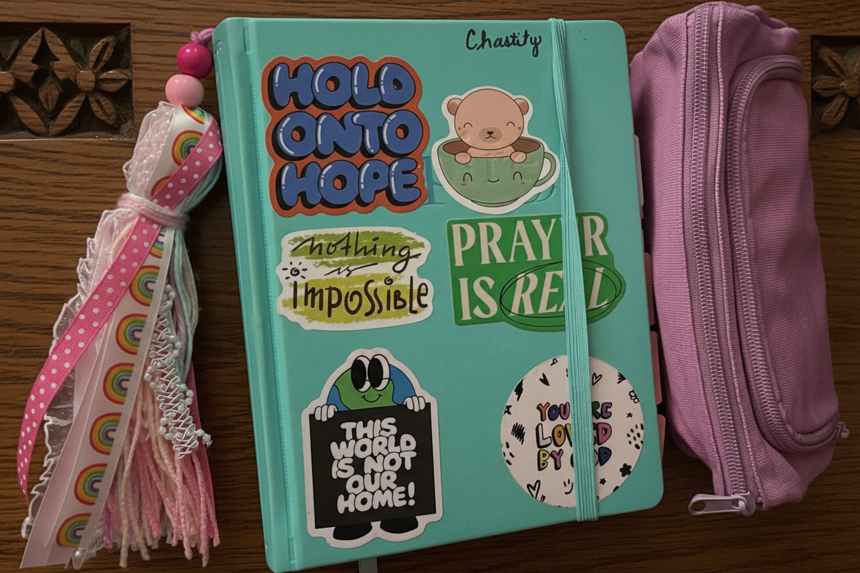 Turquoise journaling Bible with motivational stickers and a pink pouch on a dark background