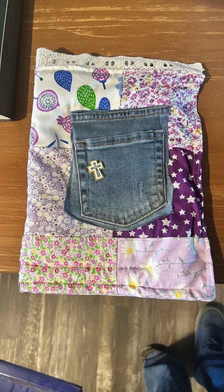 Patchwork quilted blanket with a denim pocket featuring a gold cross on a wooden surface
