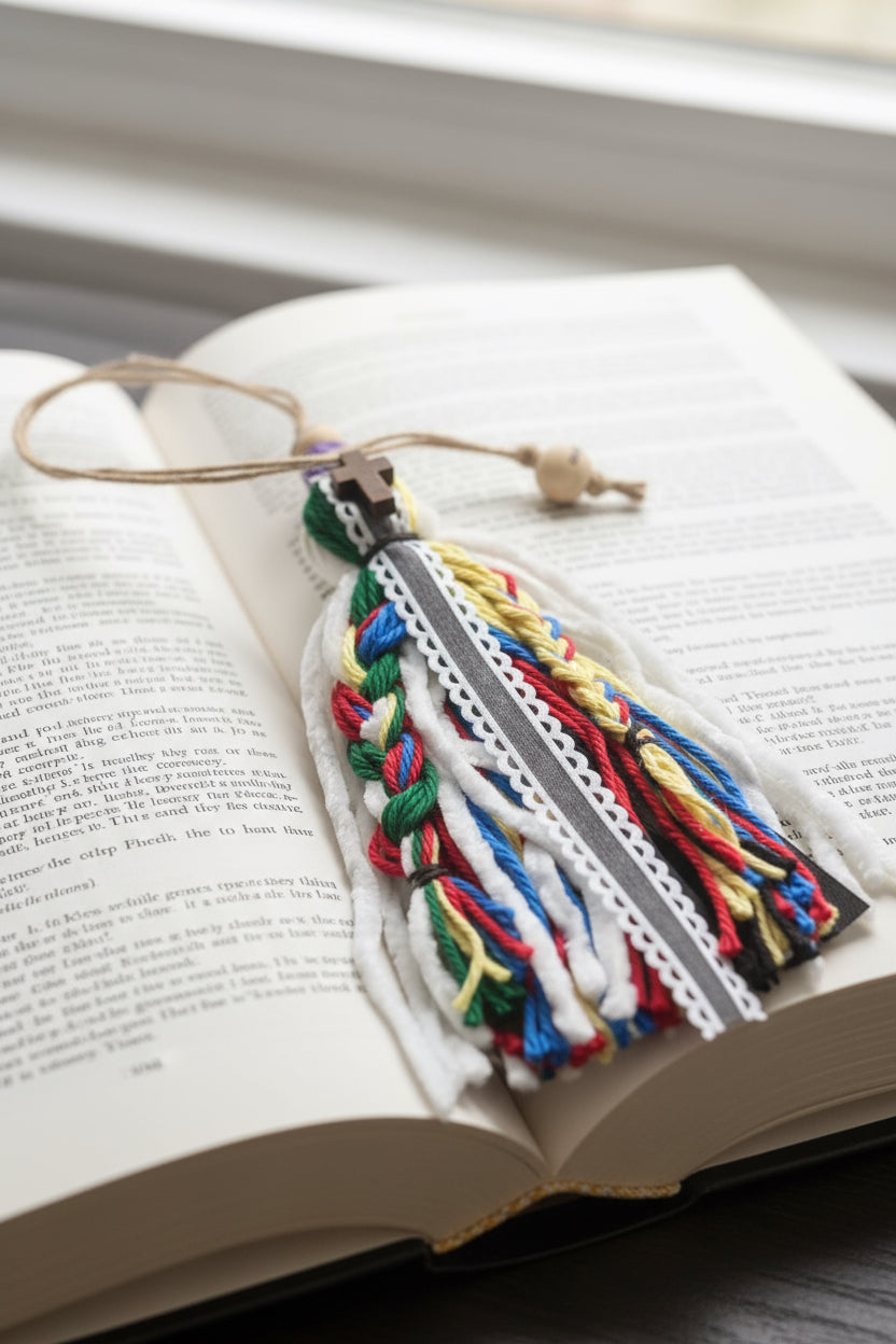 Colorful braided yarn bookmark with a cross on a dark surface