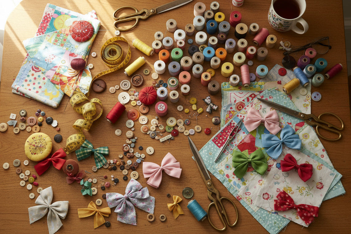 bows, scissors, thread, patchwork quilted designs, with coffee cup on the kitchen table measuring tape, patterns, and bobbins