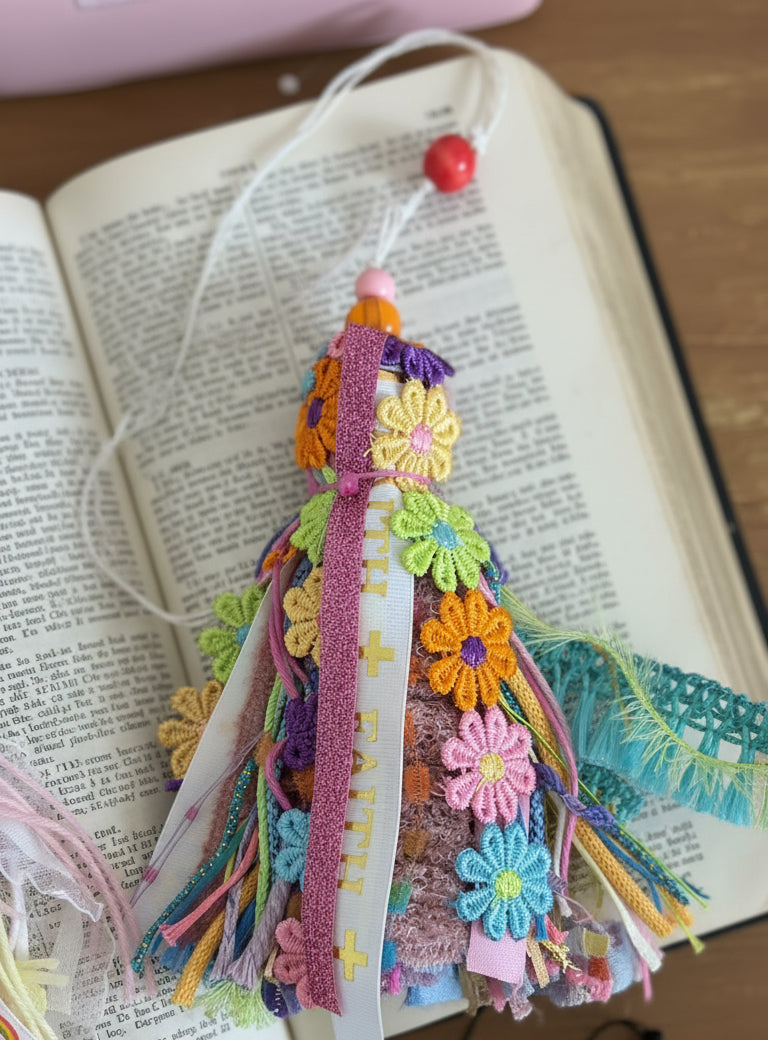 Colorful item with flowers on a wooden surface
