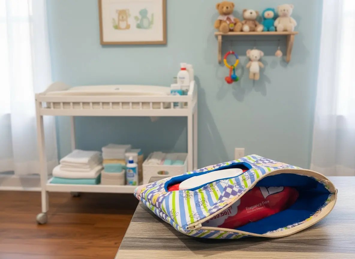 handmade pouch with wipe access and a few diapers on the go or traveling. 