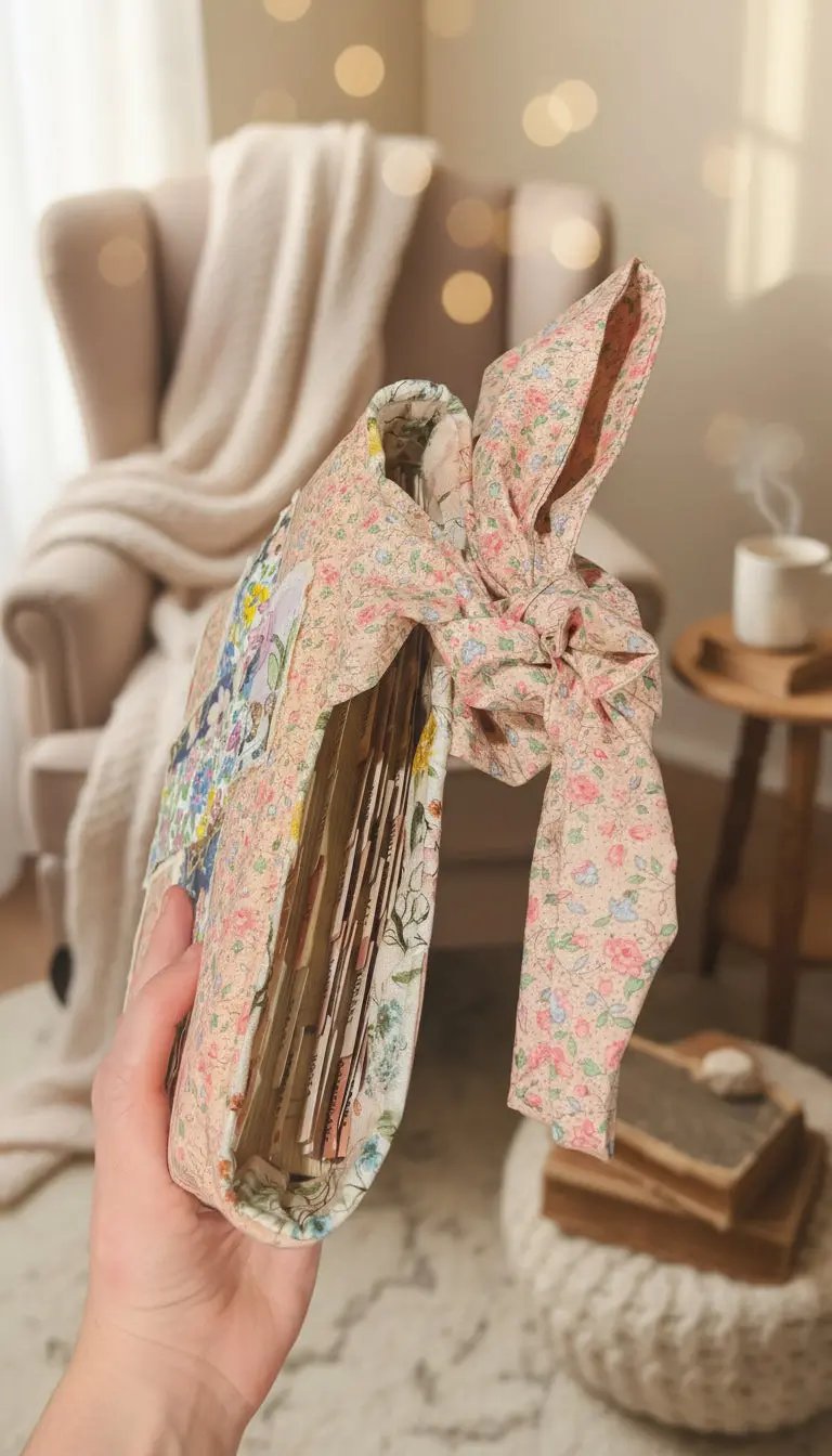 Floral-patterned bunny-shaped pouch held by a hand on a wooden surface.