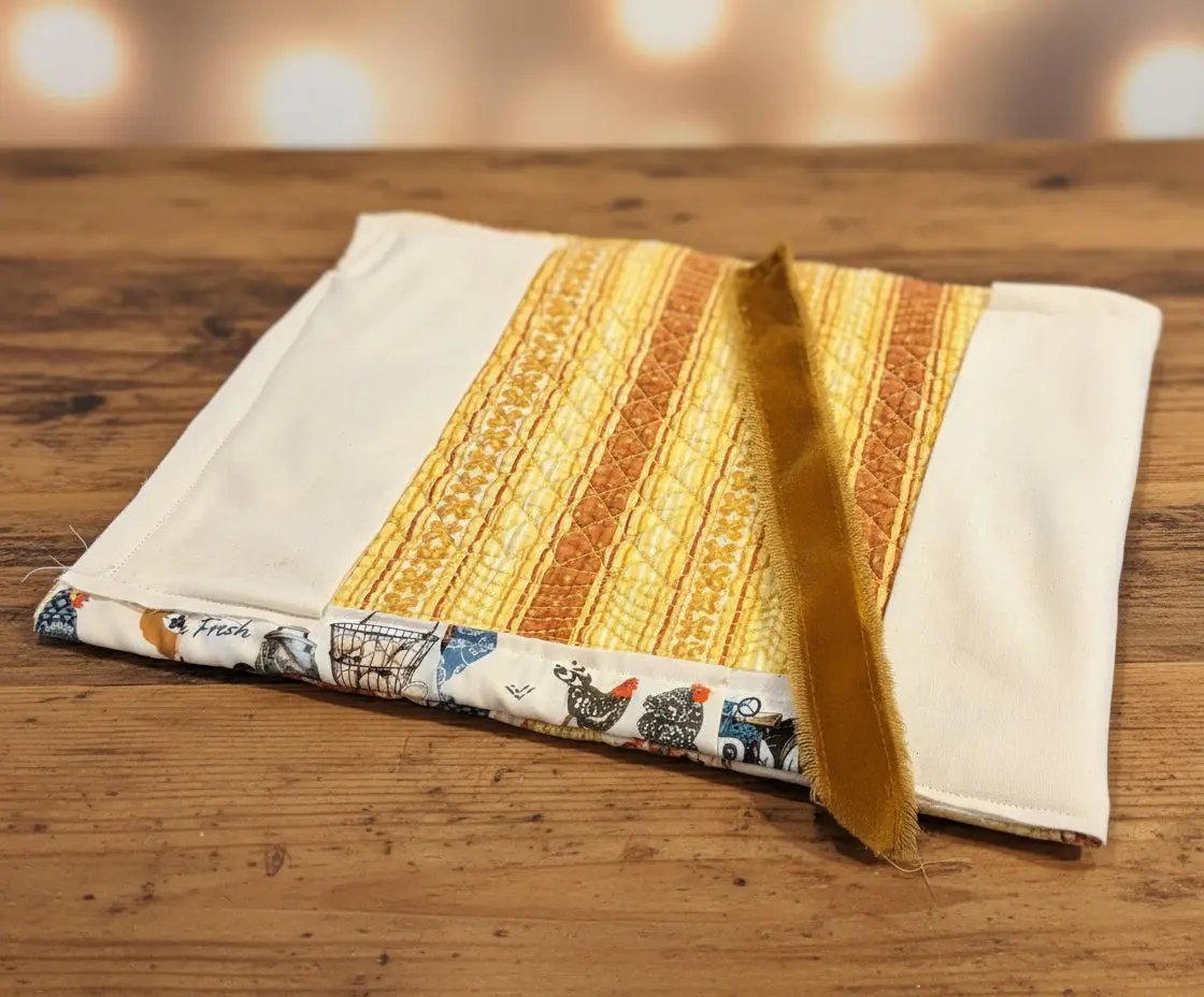 inside view of quilted bible cover with sewn in bible book mark