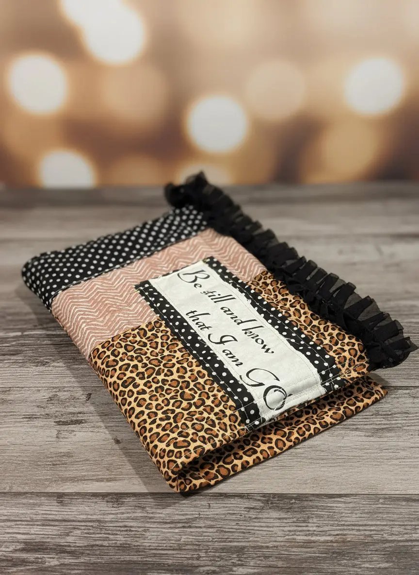 Fabric patchwork quilted bible cover handmade with leopard print, polka dots, and text on a grid background