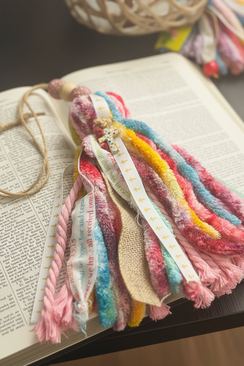 Colorful tassel with ribbons on a dark surface