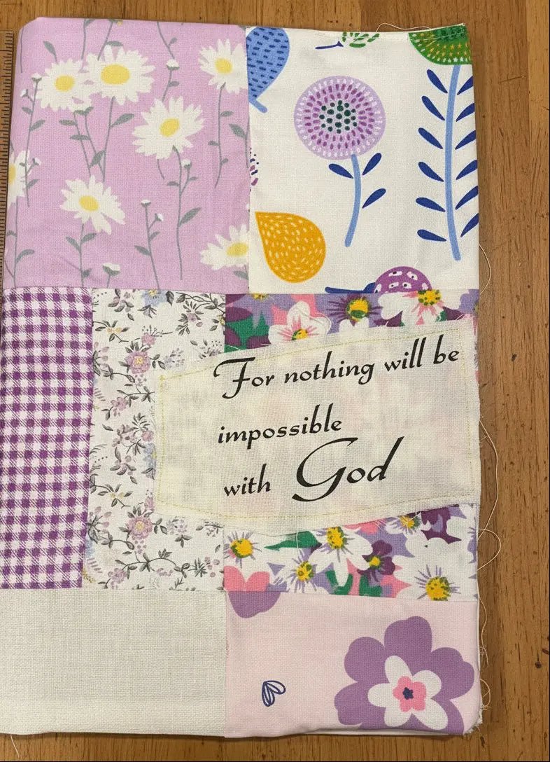 quilted patchwork bible cover, purple theme, with bible verse patch, handmade for large bible