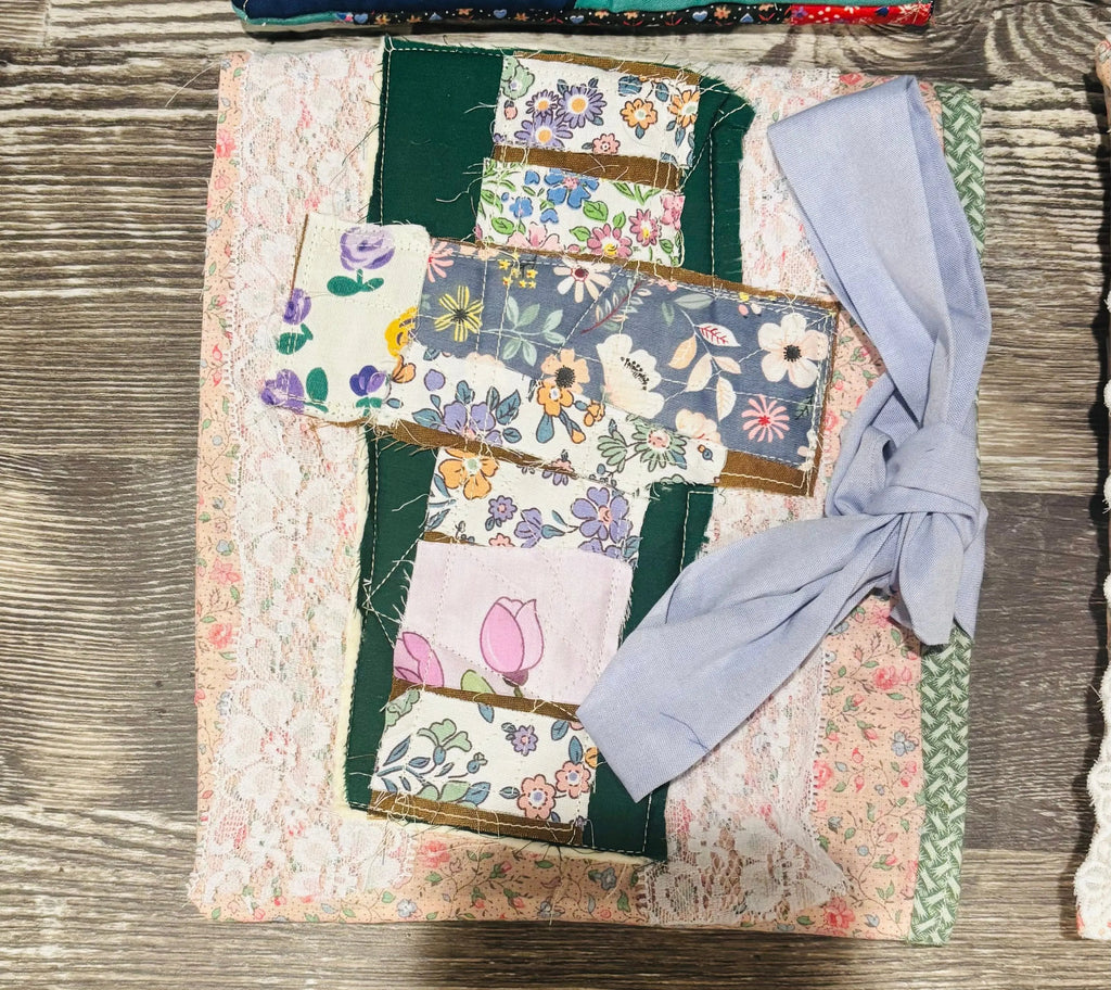 handmade quilted bible book sleeves, with patchwork cross design
