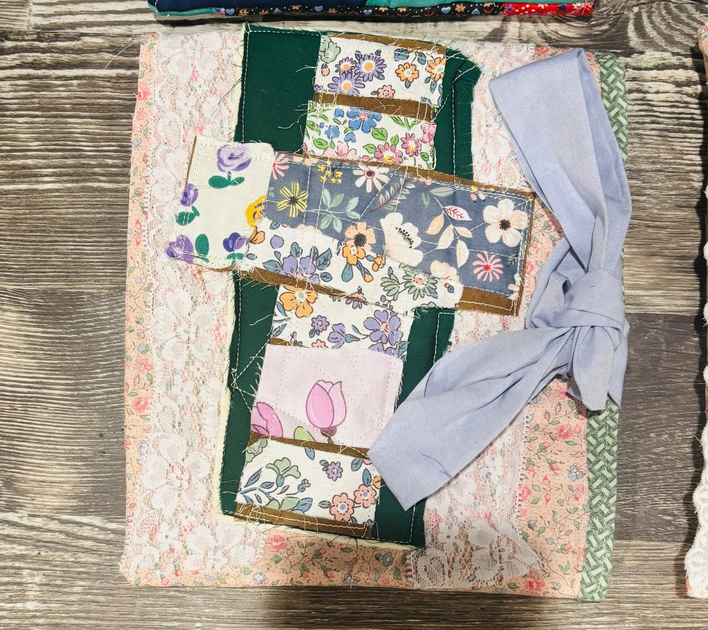 handmade quilted bible book sleeves, with patchwork cross design
