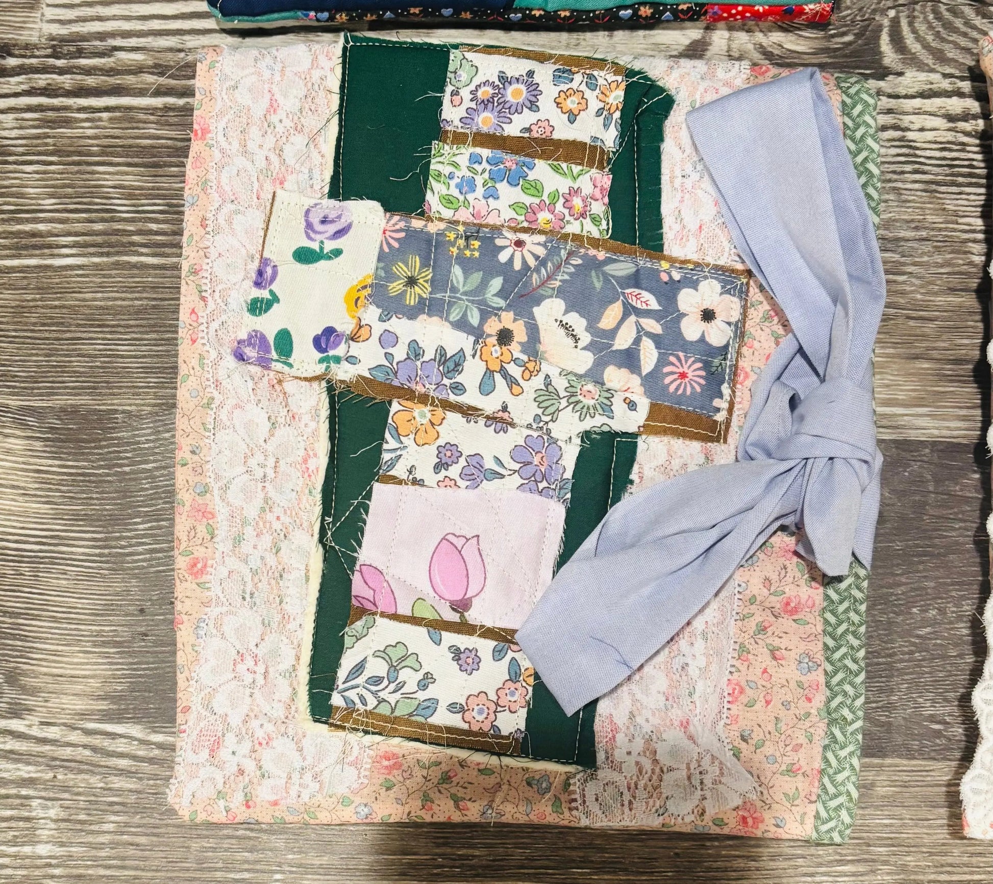 handmade quilted bible book sleeves, with patchwork cross design
