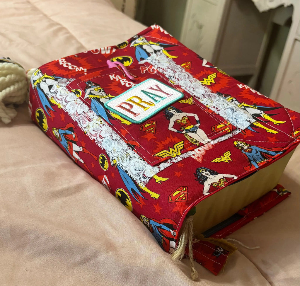 wonder woman quilted bible cover with pocket, and pray patch, with lace on the front