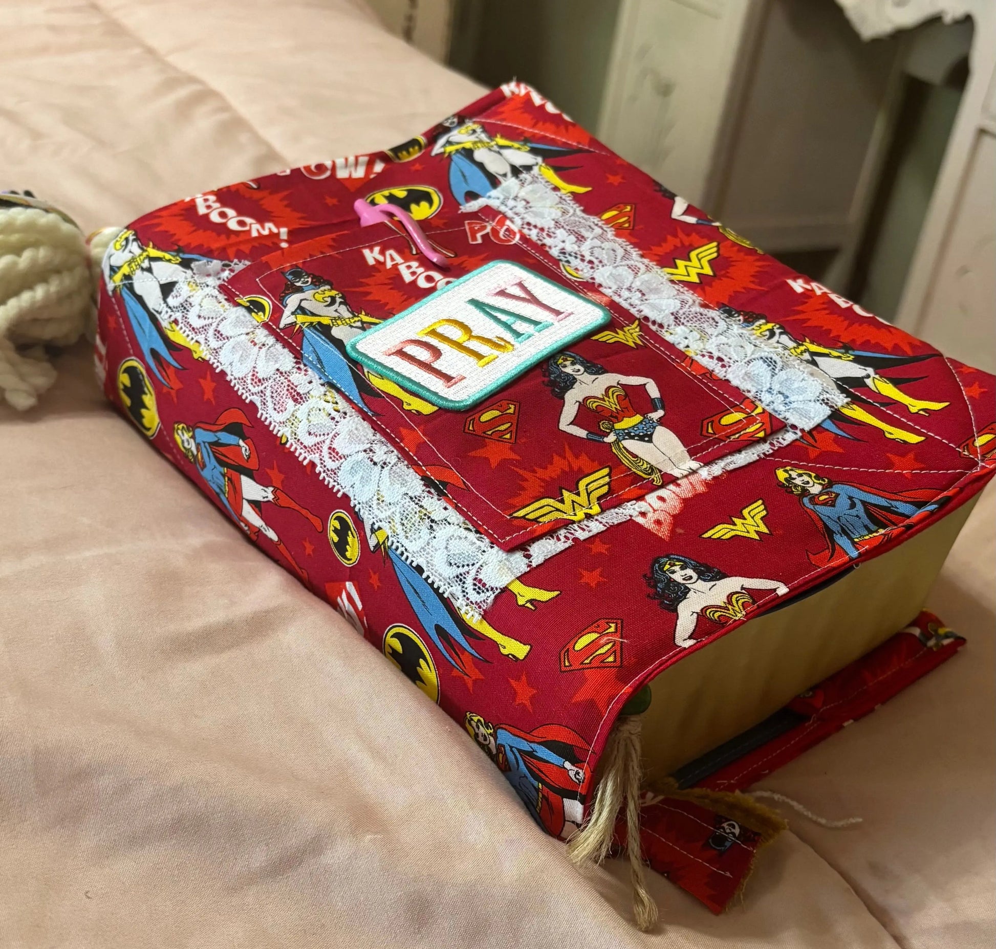 wonder woman quilted bible cover with pocket, and pray patch, with lace on the front