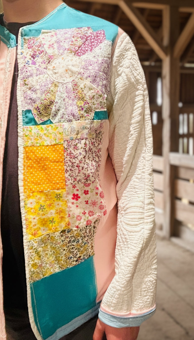 front view of patchwork quilted jacket