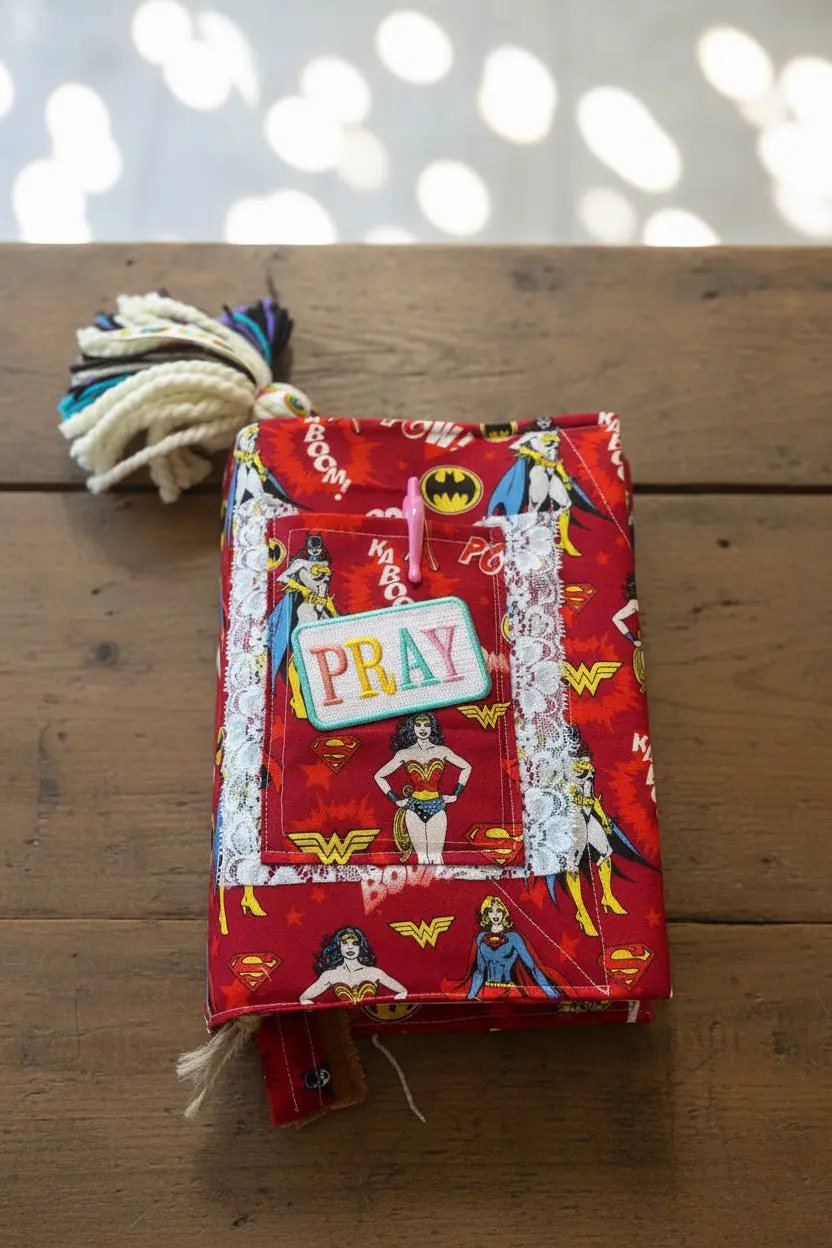 quilted wonder woman bible cover, with pocket on front with lace, and pray patch